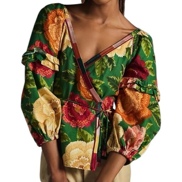 Farm Rio x Anthropologie Puff Sleeve Wrap Top Belted Tropical Colorful Large New - Picture 3 of 16
